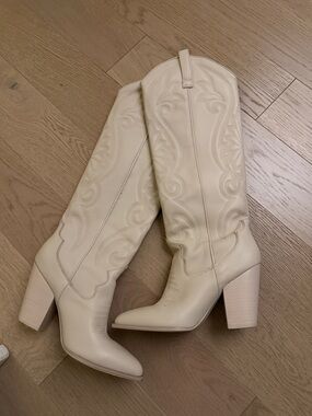 Cream Western-Inspired Knee Boot with Block Heel